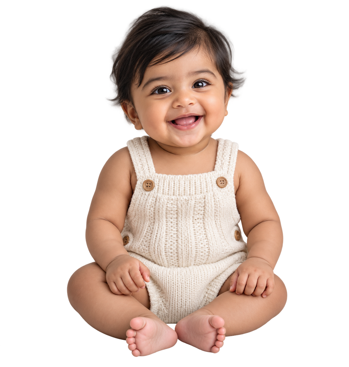 Smiling baby in a cream romper