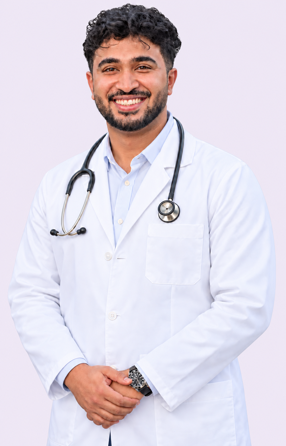 Dr. Hashil wearing a white doctor coat and stethoscope