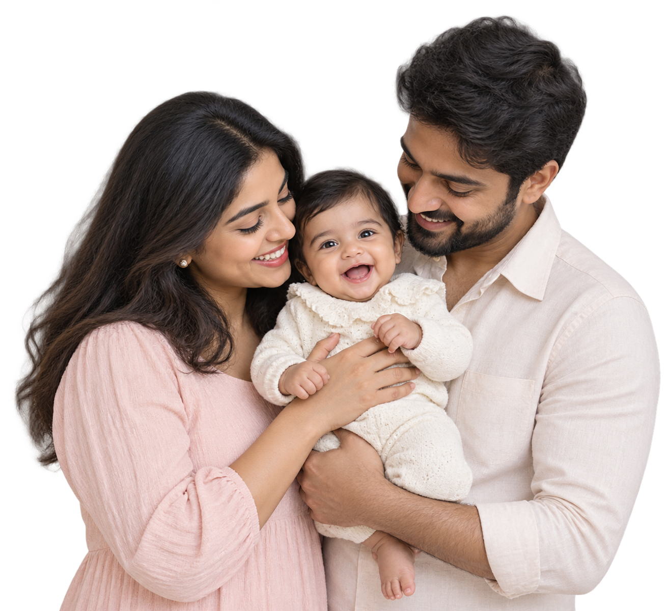 Smiling parents cuddling their laughing baby
