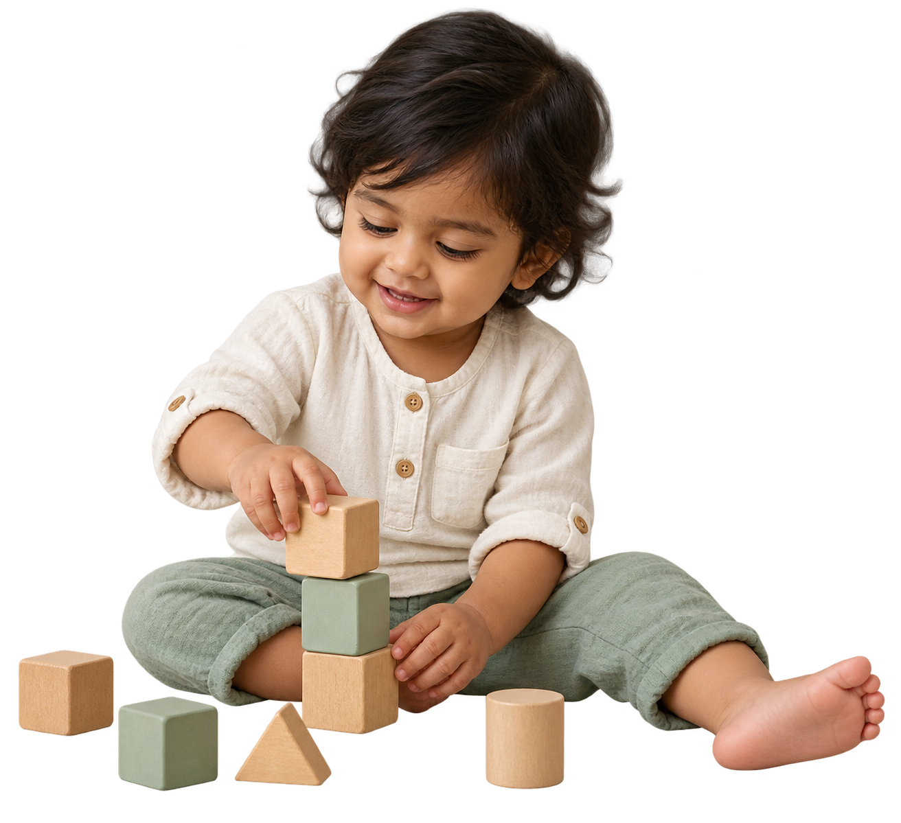 Toddler exploring and building with wooden blocks